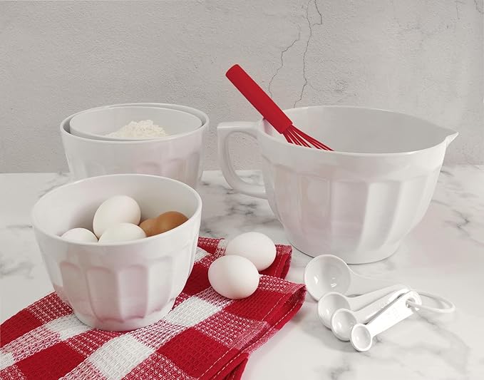 UPware Latte Style Melamine Batter Bowl with Pour Spout, Handle and Non-Slip Base, Grip Handle for Easy Mix and Pour, Home Essentials Cooking and Baking Tools, 4.3 quart, 11.5 x 8.75 Inch, White
