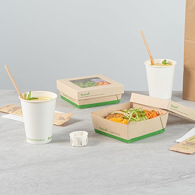 Restaurantware-27 Ounce Sturdy Paper Take Out Boxes, 200 Disposable Take Out Food Containers - With PLA lining, Paper Lid With Clear PLA Window, Bamboo Paper Containers, Compostable, Greaseproof