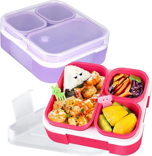 Genteen 2 Pack Bento Box for Kids, 3-Compartment Toddler Lunch Box, BPA-Free Snack Portion Containers (Dark Pink + Purple)