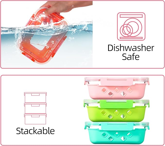 5 Pack Glass Meal Prep Containers 3 Compartment with Lids, Divided Glass Storage Containers with Silicone Sleeve for Lunch, Leak-Proof Portion Control Food Containers, Dishwasher Safe, 34 oz