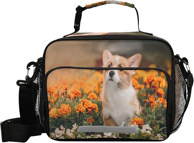 Dog Puppy Lunch Box for Kids Adults Little Corgi Pembroke Puppy Adventures Flowers Insulated Lunch Bag with Shoulder Strap Reusable Cooler Bags Lunch Tote for Office School Girls Boys Teens