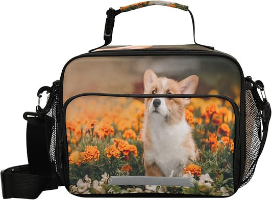 Dog Puppy Lunch Box for Kids Adults Little Corgi Pembroke Puppy Adventures Flowers Insulated Lunch Bag with Shoulder Strap Reusable Cooler Bags Lunch Tote for Office School Girls Boys Teens
