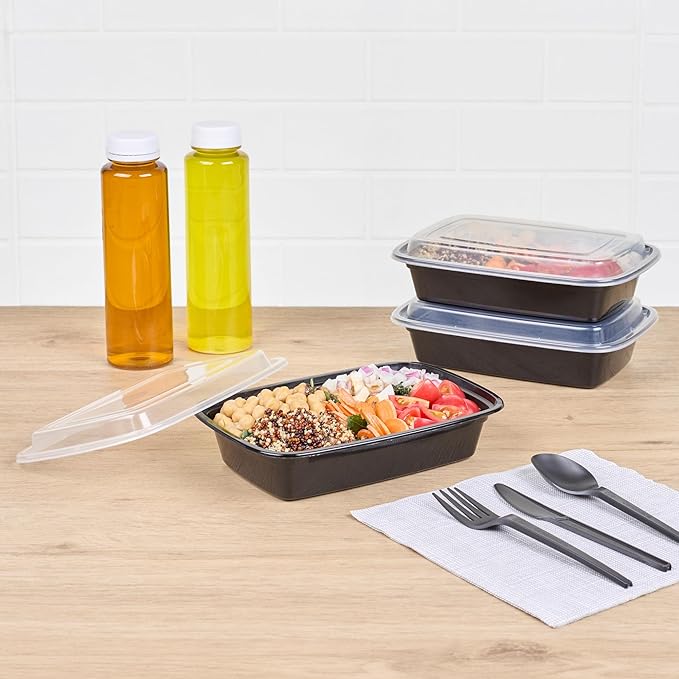 Restaurantware Asporto 24 Ounce Take Out Containers, 50 Food Containers With Lids - Microwavable, Disposable, Black Plastic To Go Food Containers, No BPA, For Take Out And Delivery
