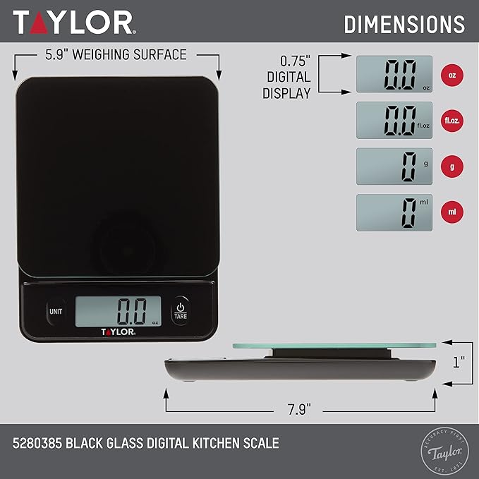 Taylor Glass Top Food Scale with Touch Control Buttons, 11 lb Capacity, Black