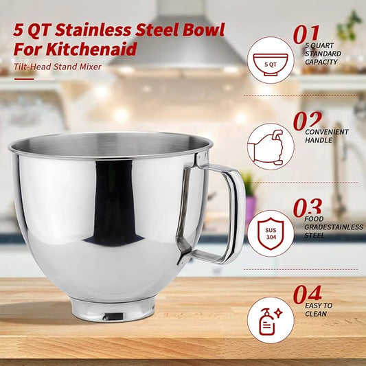 Stainless Steel Mixer Bowl 5QT Compatible with KITCHENAID TILT-HEAD STAND MIXERS 4.5-5 Quart, 5 Quart mixing bowl replacement