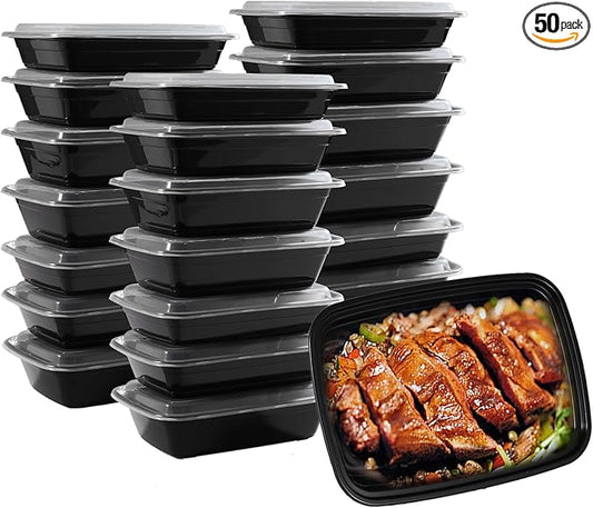 50 pack of Reusable Bento Box Spillproof Plastic Safe Lidded Food Storage Container Packing Box, Refrigerator/microwave Safe, Lunch Containers For Adults Bento Boxes (28oz-50 pack)