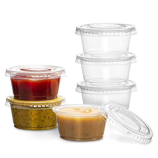 Clear Disposable Plastic Portion Cups With Lids (200 Sets - 2 Oz) - Disposable Condiment Cups, Sauce/Dip/Dressing Cups, Souffle Cups & Jello Shot Cups With Lids | Great Sampling Container