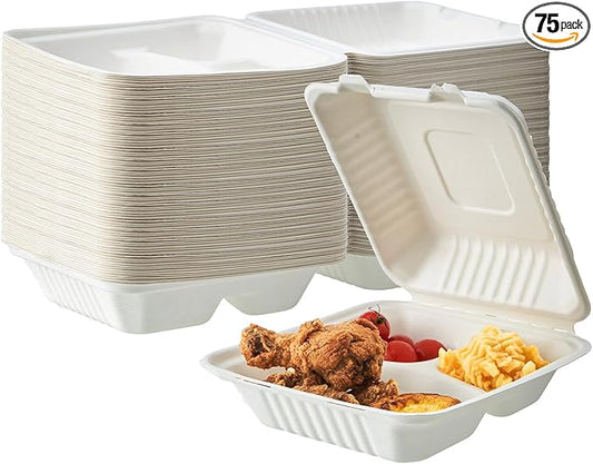 [8X8 3-Compartment 75-Pack Bio Natural Clamshell Take Out Food Containers with Lids, Disposable Bagasse Togo Boxes, Eco-Friendly Biodegradable Made of Sugar Cane Fibers