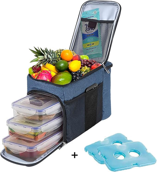 TOP&TOP Blue 13"L x 7"W x 9"H Reusable Lunch Box with 6mm Insulation Foam - Leakproof, Easy to Clean, Adjustable Shoulder Strap, Holds 3 Containers, Mesh Pockets