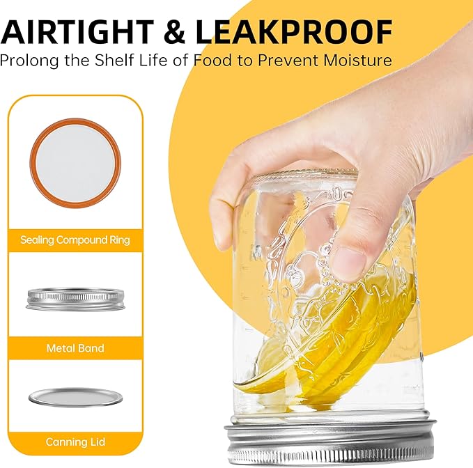 Mason Jars 16 oz with Lids, 12Pcs Wide Mouth Glass Canning Jars with Airtight Lids and Bands, Overnight Oats Containers for Pickling, Freezing, Preserving, Meal Prep, Jar Décor