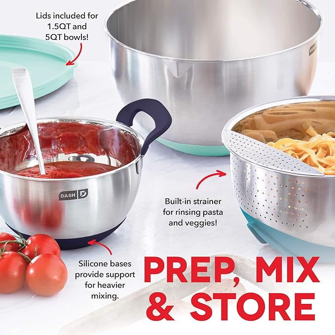 DASH Stainless Steel Mixing Bowls with Lids, Silicone Non-Slip Base with Measuring Lines and Strainer, 3 Bowl Set - 1.5 Quart, 3 Quart, & 5 Quart - Assorted Blue