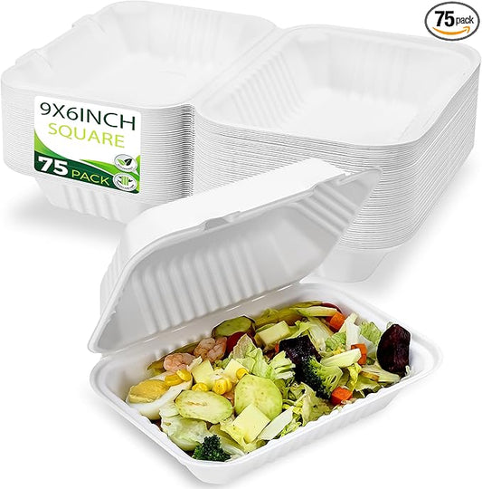 75 Pack 9”x6” Take Out Containers with Lids, EXTRA Sturdy To Go Food Containers, 100% Compostable Clamshell Take Out Containers, To Go Boxes for Food