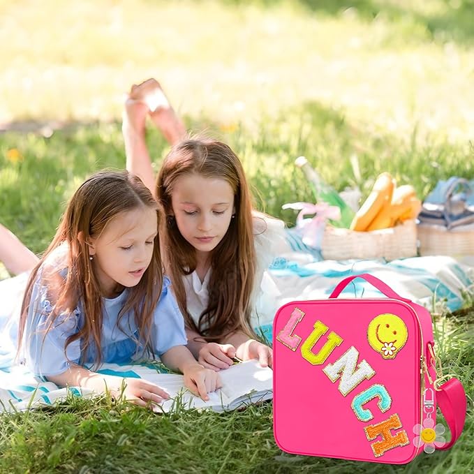 Lunch Box for Girls Women, Preppy Lunch Box for Teen Girls， Insulated Girls Lunch Bag for Kids, Large Reusable Cute Cooler Bag with Adjustable Shoulder Straps,Perfect for School Travel Picnic（Pink）