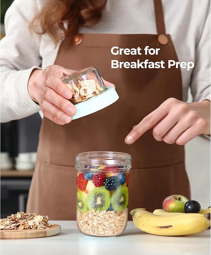 ComSaf 2-Pack 16 oz Overnight Oats Containers with Lids, Dual-Laryer Chia Pudding Jars with Dry and Wet Separation, Yogurt Parfait Cups for Oatmeal Cereal Nut Fruit, Meal Prep Glass Jars for Salad
