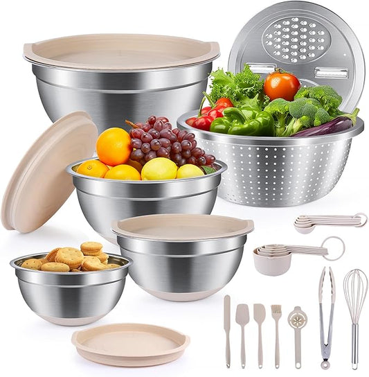 Stainless Steel Mixing Bowls with Lids - Nesting Bowl Set with Airtight Lids, Colander Bowl & Grater Plate for Kitchen Prep, Cooking, Baking, and Meal Prep (1.1QT to 6.1QT), Non-Slip, Khaki
