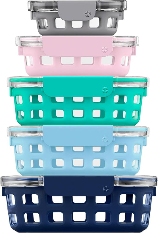 Ello Duraglass Mixed Meal Prep Sets Leak-Proof Glass Food Storage Containers with Silicone Sleeves and Airtight BPA-Free Lids, Dishwasher, Microwave, and Freezer Safe