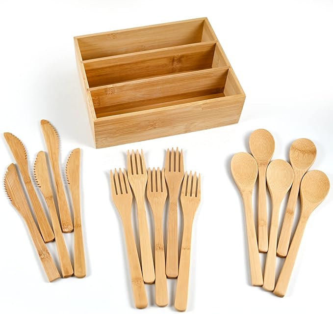 Bamboo Cutlery Reusable with Silverware Organizer, 16Pcs Flatware Set with Bamboo Forks Spoons Knives, Reusable Cutlery with Portable Storage Case for Home and Travel Camping Hiking