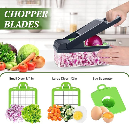 HomeHacks Vegetable Chopper Vegetable Cutter, 12 in 1 Multi-Functional Kitchen Gadget Set - Dicer, Slicer, Cutter, Julience, Cheese Grater, Egg Separator, Hand Guard - Veggie Chopper Lid with Handle