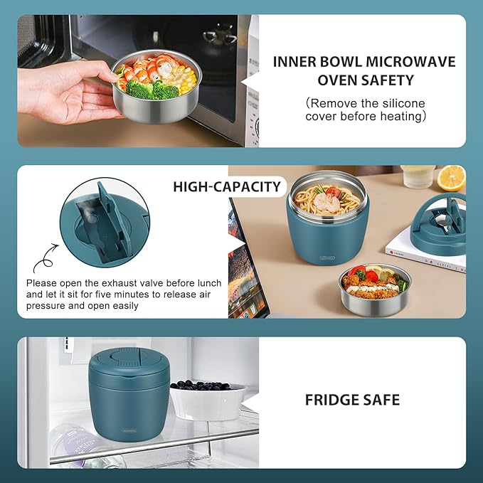 Thermo Food Jar for Hot Food Adults 32OZ Soup Thermo Lunch Containers Wide Mouth Vacuum Insulated Stainless Steel Leakproof Bento Box with Spoon (lake blue)