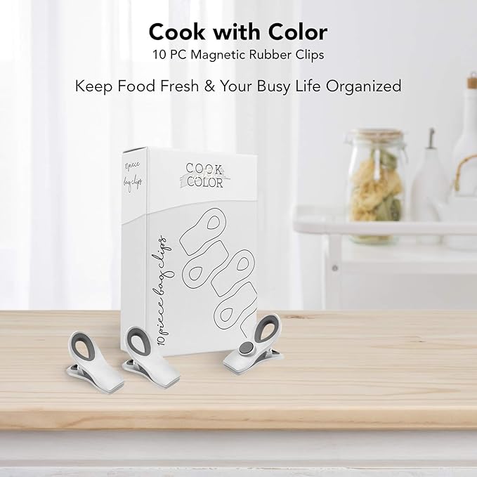 COOK WITH COLOR Bag Clips with Magnet- Food Clips, Chip Clips, Bag Clips for Food Storage with Airtight Seal Grip for Bread Bags, Snack Bags and Food Bags (White, Pack of 20)