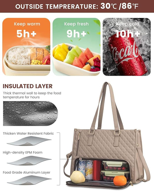 LOVEVOOK Lunch Tote Bag for Women, 15.6 Inch Laptop Bag with Insulated Lunch Compartment, Quilted Large Capacity Computer Handbag with Purse for Business, Work, Collage, Office, Casual, Clay pink