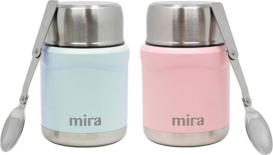 MIRA 2-Pack Food Thermos Set (15 oz) for hot and cold foods - Insulated Stainless Steel Containers with Spoons - Pearl Blue & Rose Pink