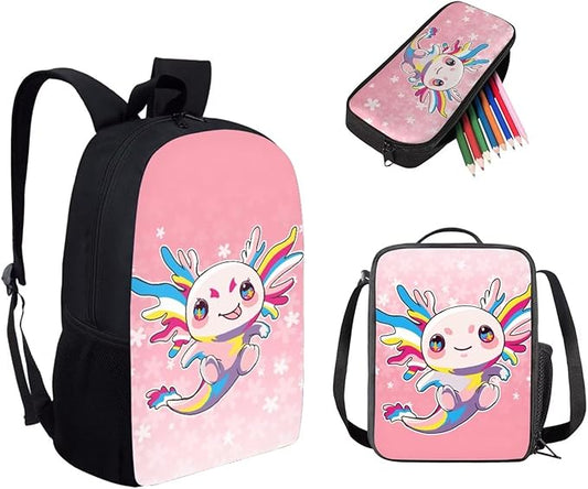 Dolyues Colorful Axolotl 17-Inch Waterproof College Backpack Set - Includes Lunch Box & Black Pencil Case - 3-Piece Bookbag for Students