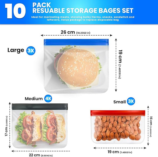 10-Pack (3 Small, 4 Medium, 3 Large) Extra Thick Reusable Silicone Bags – BPA-Free, Leakproof & Durable Freezer Bags for Meal Prep, Marinating, Lunch & Travel – Versatile & Dishwasher Safe