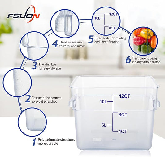 12Qt Food Storage Containers with Lids, Polycarbonate Square Commercial Food Containers, NSF, Clear, 4 Pack