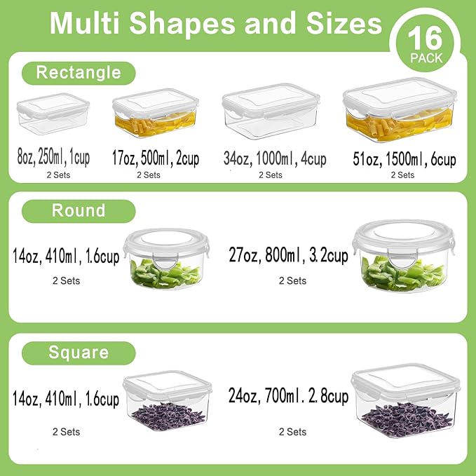 HOMBERKING 32 Pieces Food Storage Containers Set with Snap Lids (16 Lids + 16 Containers), Meal Prep Airtight Plastic Containers, BPA-Free Lunch Containers for Kitchen, Pantry, Home, White