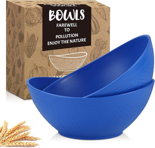 Homienly Salad Bowls 60 OZ Large Serving Bowls Wheat Straw Bowls Set of 2 Unbrekable Bowls for Kitchen, Serving, Camping, Fruit, Ramen Microwave and Dishwasher Safe - Blue