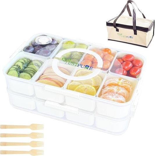 Stackable 8 Compartment Snack/Storage Box Container, BPA Free, Microwave & Diswasher Safe, 2 Trays with handles.