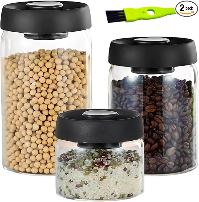 Vacuum Coffee Canister,Airtight Glass Jars Set for Kitchen Pantry,Coffee Bean Storage Container,Perfect for Ground Coffee,Loose Tea,Sugar(13+27+40floz)
