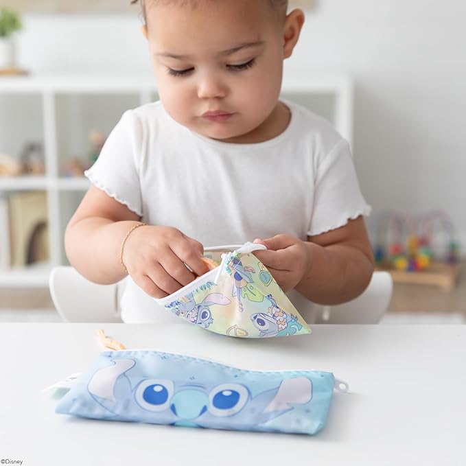 Bumkins Reusable Snack Bags, for Kids School Lunch and for Adults Portion, Washable Fabric, Waterproof Cloth Zip Bag, Supplies Travel Pouch, Food-Safe Storage, 2-pk Disney Stitch