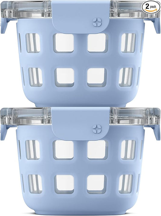 Ello Duraglass 2-Pack 2 Cup Reusable Glass Container Jar with Leak Proof Lids and Protective Silicone Sleeves | Perfect for Overnight Oats, Snacks, Yogurt | BPA-Free | Dishwasher Safe | Halogen Blue