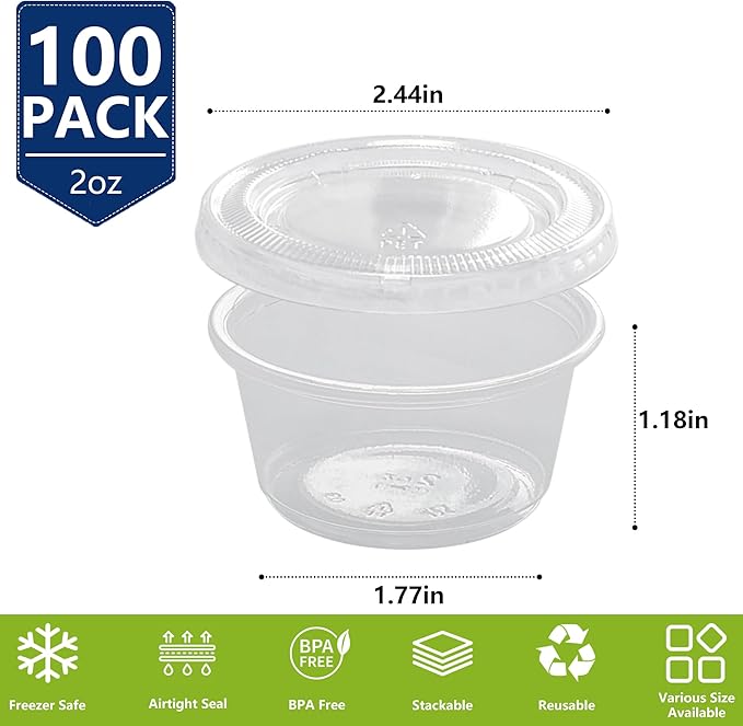 2oz Crystal Jello Shot Cups with Lids 100 Set, Leakproof & Freezer Safe Small Meal Prep Plastic Portion Cups for Salad Dessert Condiment Sauce Souffle, Food Storage Cups for Lunch Party Trips