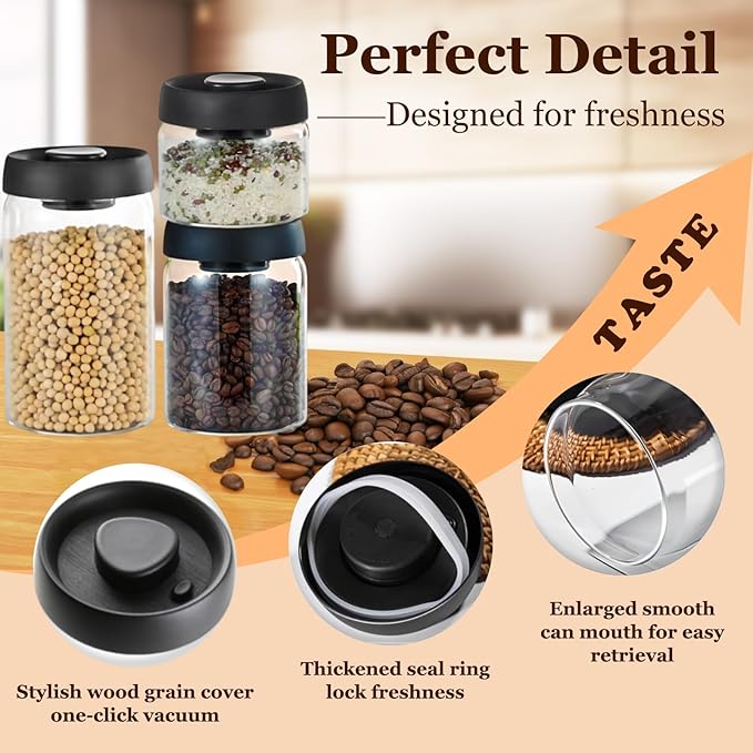 Vacuum Coffee Canister,Airtight Glass Jars Set for Kitchen Pantry,Coffee Bean Storage Container,Perfect for Ground Coffee,Loose Tea,Sugar(13+27+40floz)