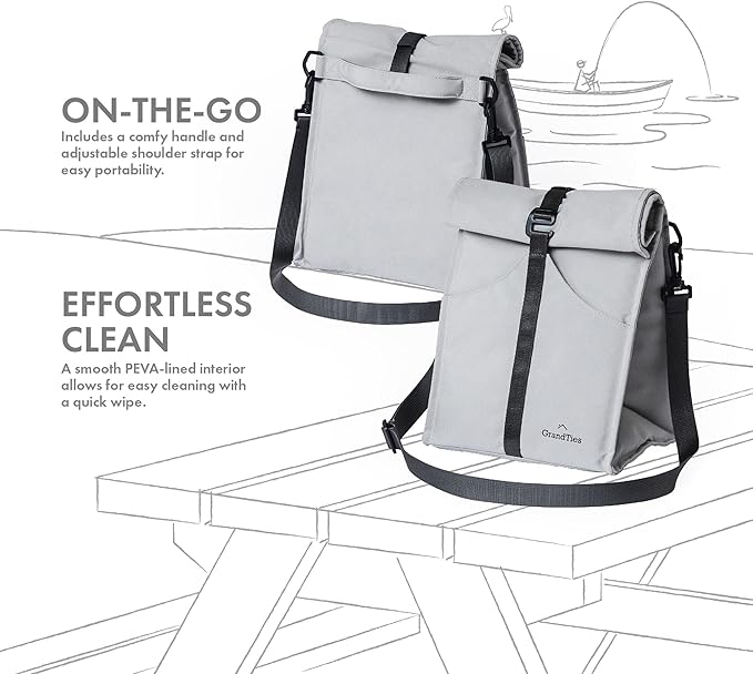 GRANDTIES Insulated Lunch Bag for Women, Men, Adults - Rolltop Leak Proof Meal Prep Lunch Box Containers, Reusable Snack Bags, Travel Cooler, Small Soft Cooler Bag, Fold Top Sandwich Bags, Grey