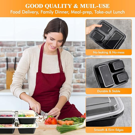 MUCHII 32 oz 3 Compartment Meal Prep Containers With Lids 20 Count To Go, Plastic Disposable Food Containers Microwave and Freezer Safe