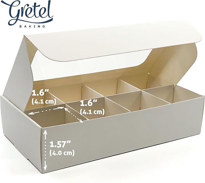 Treat boxes with window and dividers | 8 X-SMALL compartments | 6.75 x 3.5 x 1.57 in | Empty candy boxes for gift giving, truffle box - perfect for Valentine's Day | 10-pack (White)