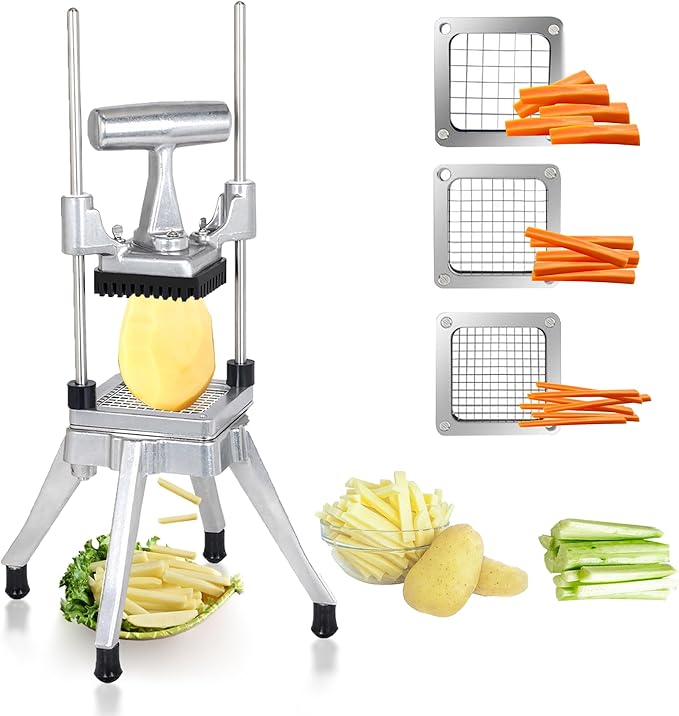 Hakka Commercial Vegetable Chopper French Fry Cutter w/3 Replacement Blades Commercial Onion Slicer Heavy Duty Potato Cutter Carrots Dicer Stainless Steel, include 3 Blades(1/2", 3/8", 1/4")