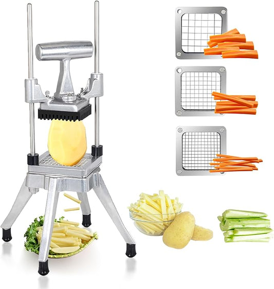 Hakka Commercial Vegetable Chopper French Fry Cutter w/3 Replacement Blades Commercial Onion Slicer Heavy Duty Potato Cutter Carrots Dicer Stainless Steel, include 3 Blades(1/2", 3/8", 1/4")