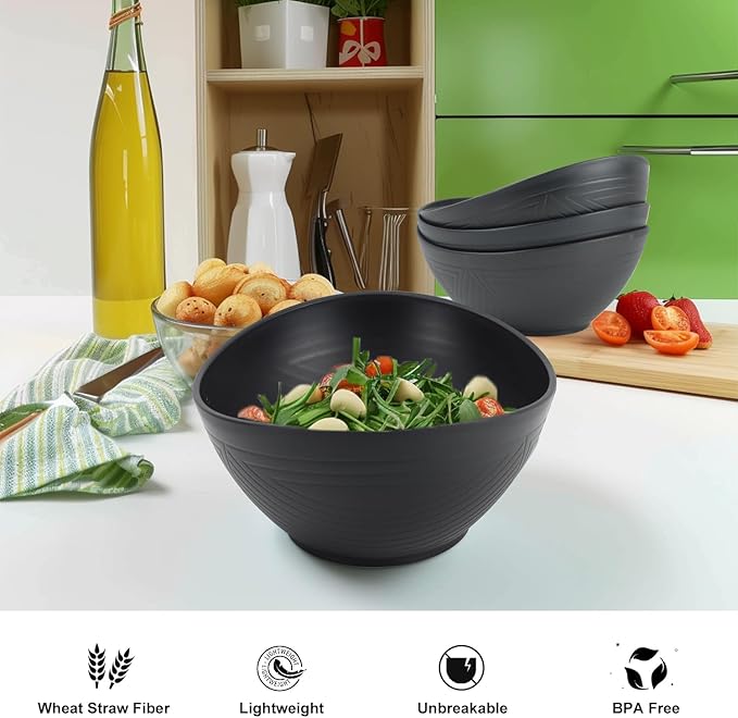 65 OZ Large Bowls Set Wheat Straw Bowls Set 4 PCS, Unbreakable Salad Bowls Reusable Mixing Bowls Set Microwave & Dishwasher Safe Kitchen Bowls for Salad, Cereal, Soup and Oatmeal (Black)