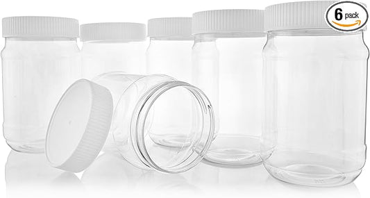 Pinnacle Mercantile Plastic Mason Jars - Screw on Ribbed Lid - 16 ounce-Set 6-Airtight Liner-Meal Prep Containers-Freezer Safe BPA Free