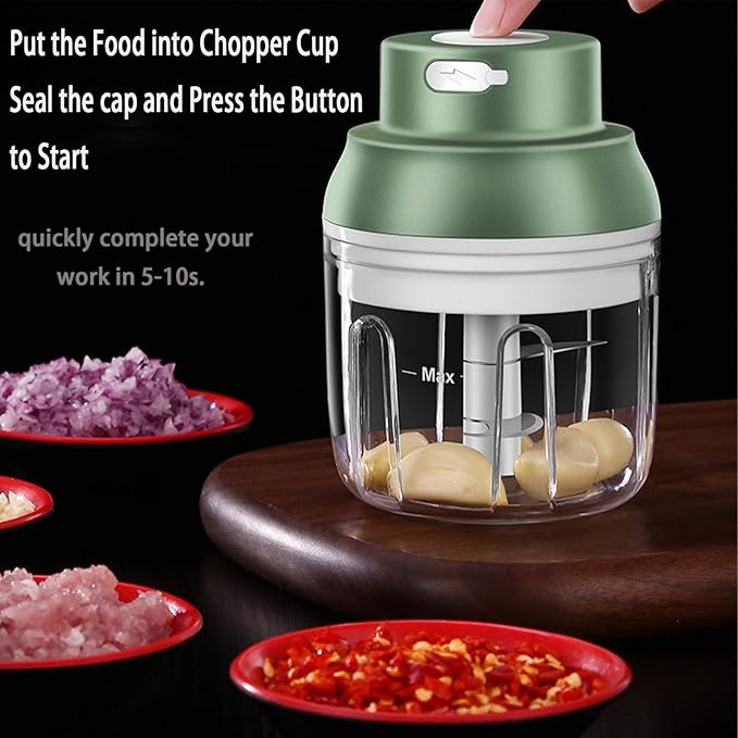Electric Mini Food Chopper,250ML Portable Garlic Chopper with USB Charging Function, Mini Food Slicer for Onion Vegetables Chili Ginger Meat Nuts Fruits Salad (Green)