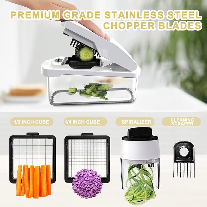 Vegetable Chopper: 10 in 1 Food Chopper - Onion Vegetable Slicer Cutter Dicer, Veggie Cutter with Container, 2 Blades, Kitchen Gadgets for Carrot Salad Garlic Potato Slicer