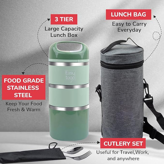 3 Tier Lunch Box 43Oz-Green Stainless Steel Stackable Lunch Box with Lunch Bag & Cutlery Set, Portable Lunchbox, Portion Control Meal Prep Togo Lunch Containers for Adults, Women, Men