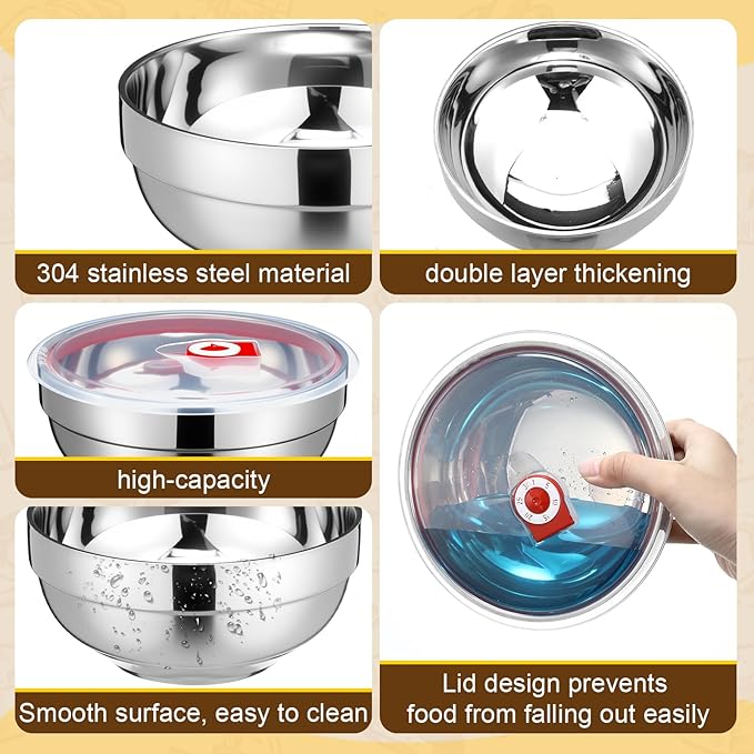 Honeydak 8 Pcs Stainless Steel Mixing Bowls with Lids Large Insulated Metal Double Walled Noodle Soup Snack Bowls Leak Proof Food Storage Container (44 oz)