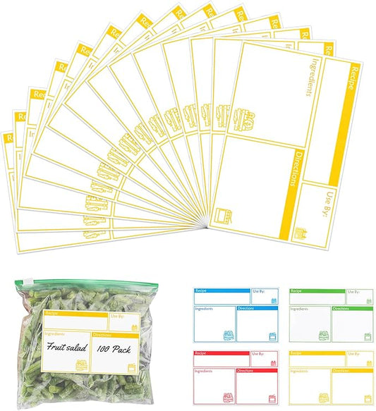 100pcs Labels for Freezer Bags Freezer Meal Labels with Instructions 3.2 X 5 inch Oil and Water Resistant Labels Food Labels for Freezer Storage for Leftovers in Fridge Removable Freezer (Yellow)