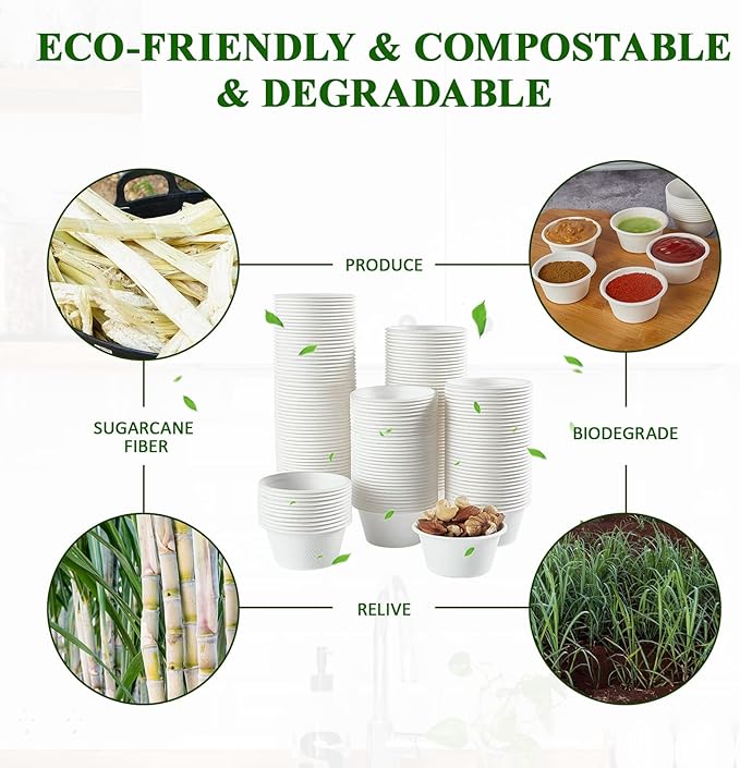 Vplus 1000 Pack 2 OZ Disposable Souffle Cups, 100% Compostable Portion Cups, Food Sample Cups Made From Bagasse Fibe, Perfect For Dips, Jams, Honey, Sauces, Nuts